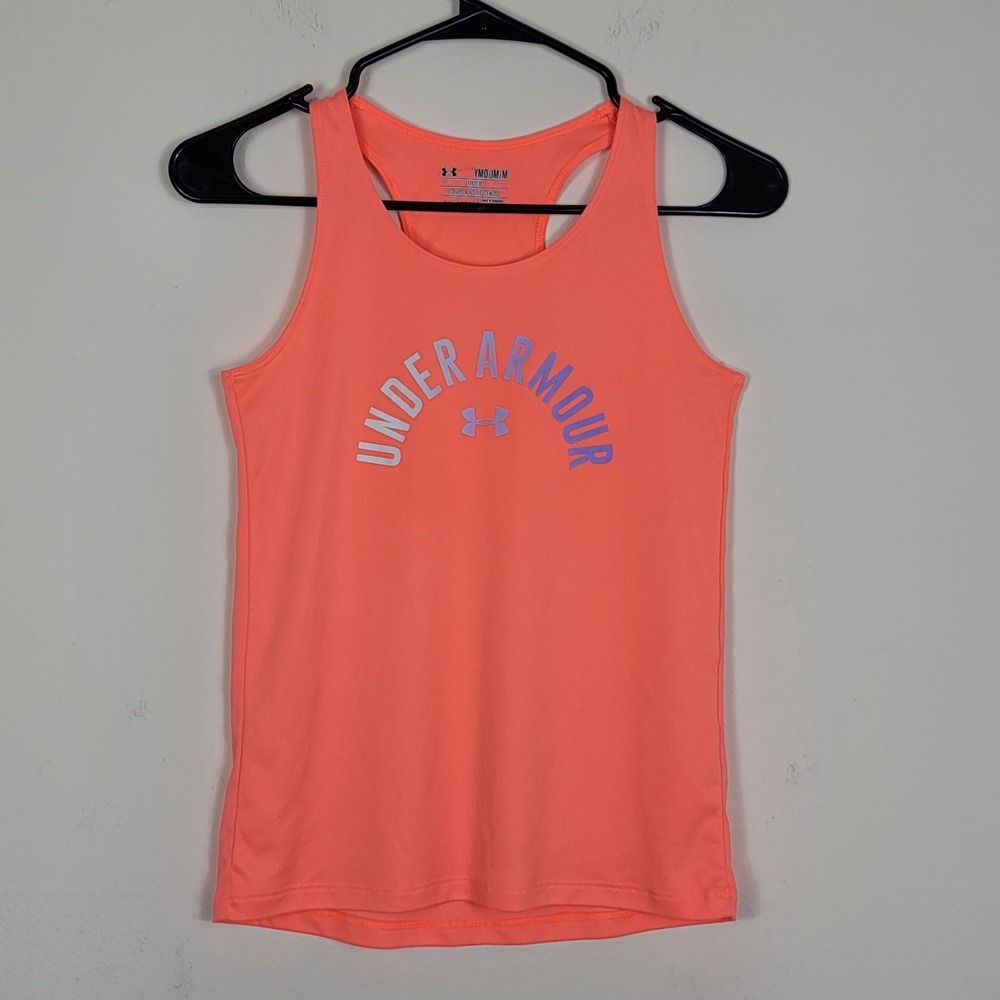 Under Armour Girls Youth M Neon Orange HeatGear Fitted Racerback Tank Top Sports
